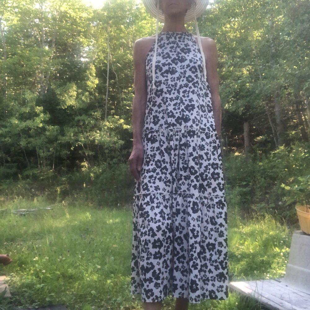 BOHO Peasant White and Black Floral Maxi Dress